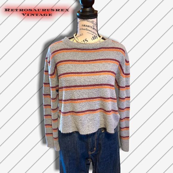Emory Park Retro Fuzzy Grey Striped Pullover Lightweight Sweater, Medium - Picture 3 of 6